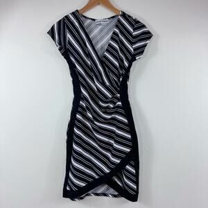 Women’s M Black White Diagonal Striped Dress V Neck Ruched Going Out Party Y2K